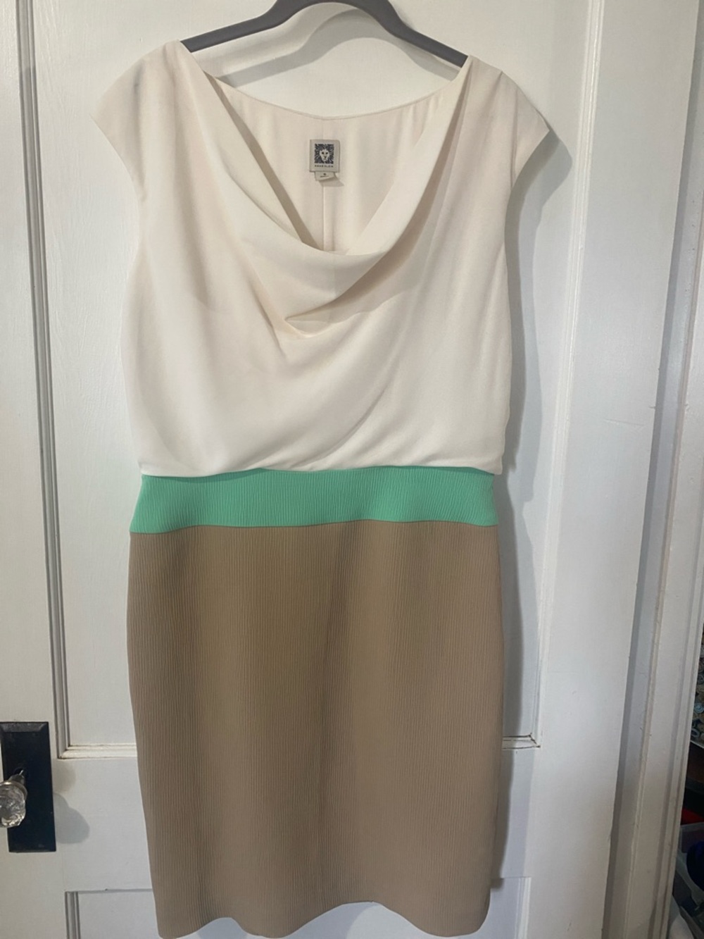 Anne Klein Cream, Mint & Tan Colorblock Cowl-Neck Sheath Dress